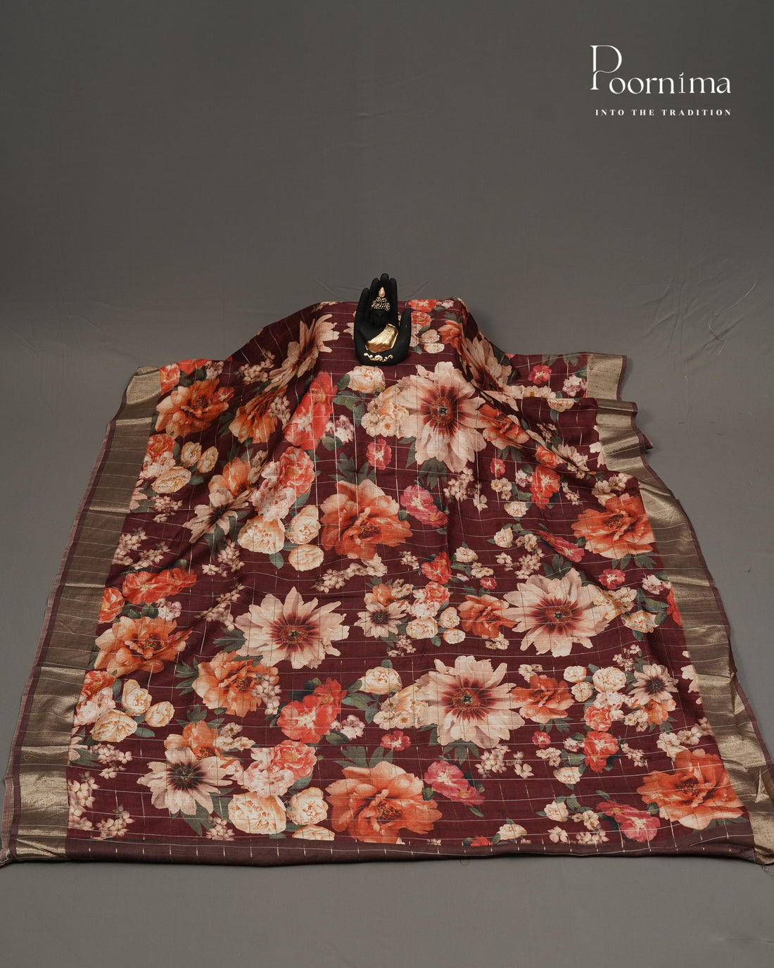 MAROON &amp; BROWN - SEMI TUSSAR SAREE WITH ALLOVER PRINT, ZARI CHECKS AND ZARI BORDER