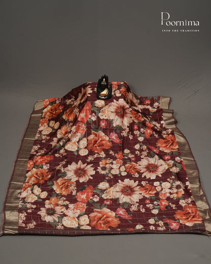 MAROON &amp; BROWN - SEMI TUSSAR SAREE WITH ALLOVER PRINT, ZARI CHECKS AND ZARI BORDER