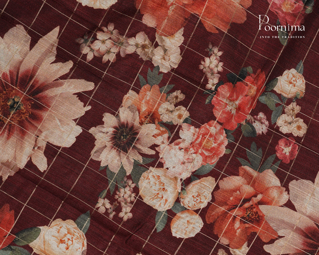 MAROON &amp; BROWN - SEMI TUSSAR SAREE WITH ALLOVER PRINT, ZARI CHECKS AND ZARI BORDER