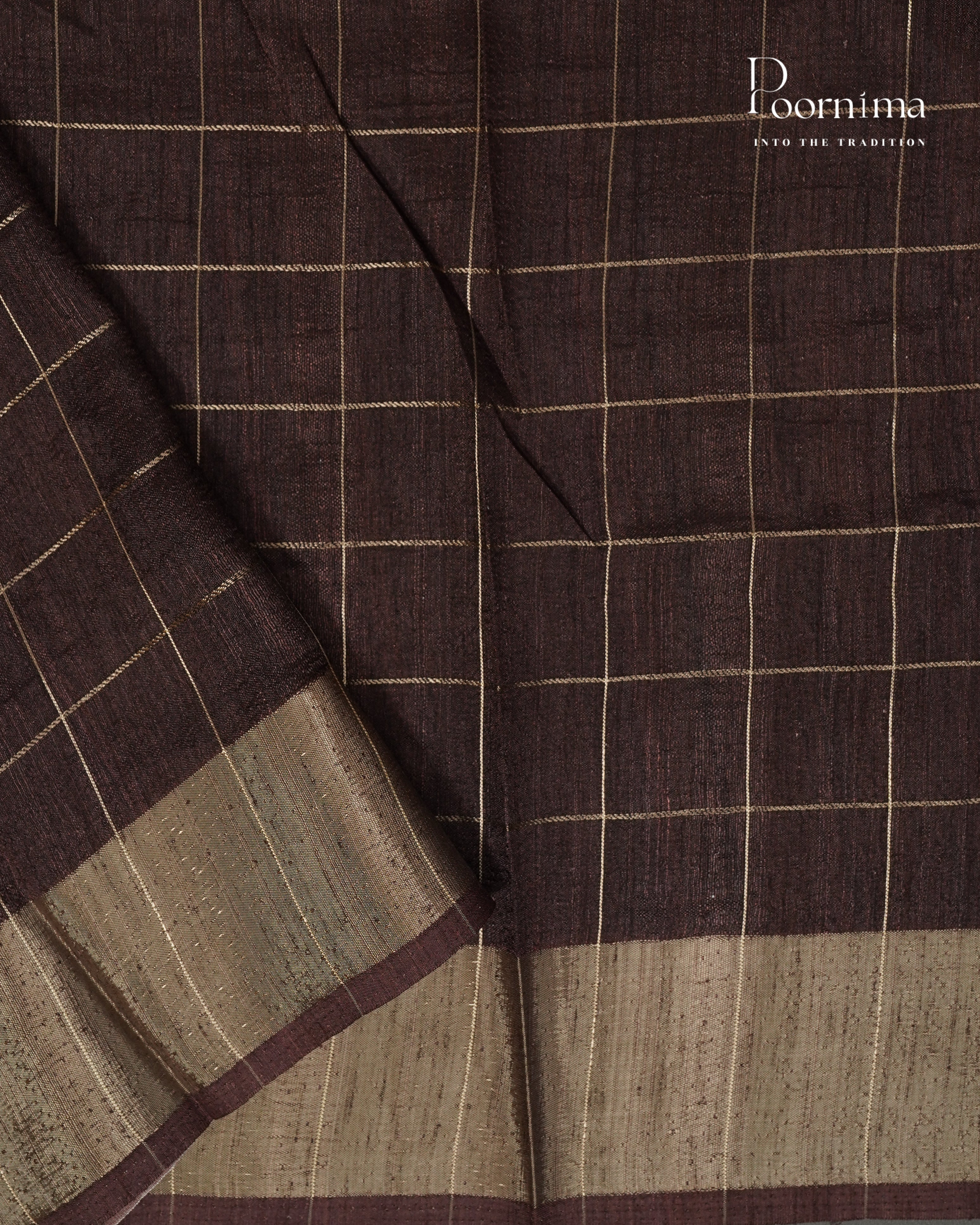MAROON &amp; BROWN - SEMI TUSSAR SAREE WITH ALLOVER PRINT, ZARI CHECKS AND ZARI BORDER