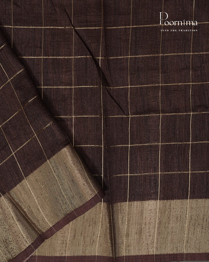 MAROON &amp; BROWN - SEMI TUSSAR SAREE WITH ALLOVER PRINT, ZARI CHECKS AND ZARI BORDER