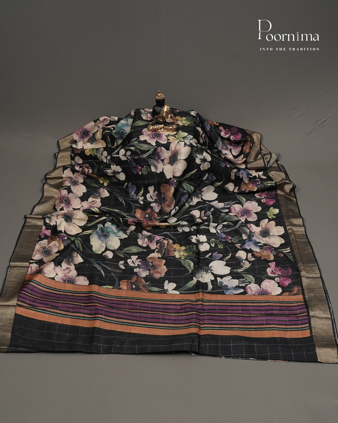 BLACK - SEMI TUSSAR SAREE WITH ALLOVER PRINT, ZARI CHECKS AND ZARI BORDER