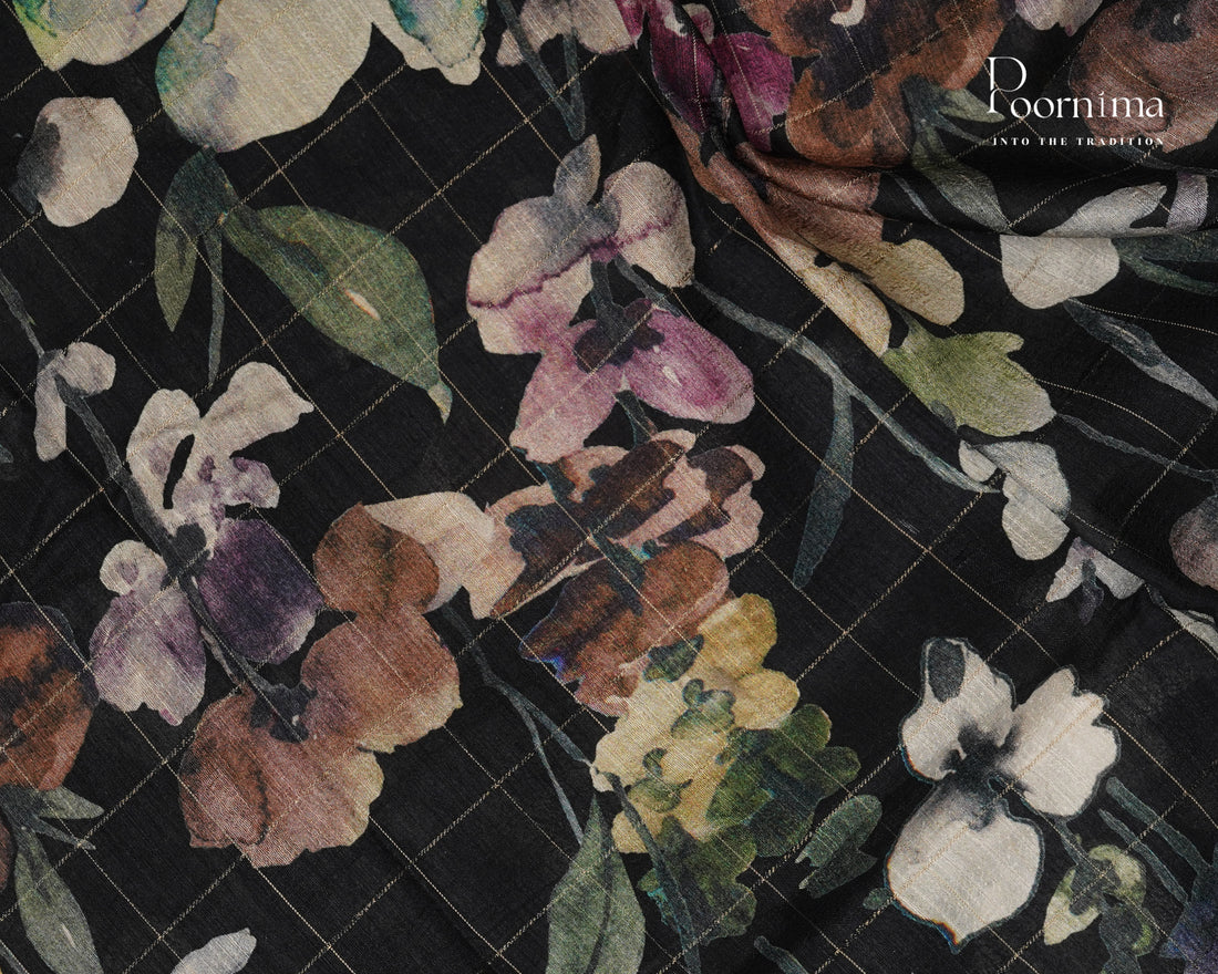 BLACK - SEMI TUSSAR SAREE WITH ALLOVER PRINT, ZARI CHECKS AND ZARI BORDER