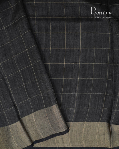 BLACK - SEMI TUSSAR SAREE WITH ALLOVER PRINT, ZARI CHECKS AND ZARI BORDER