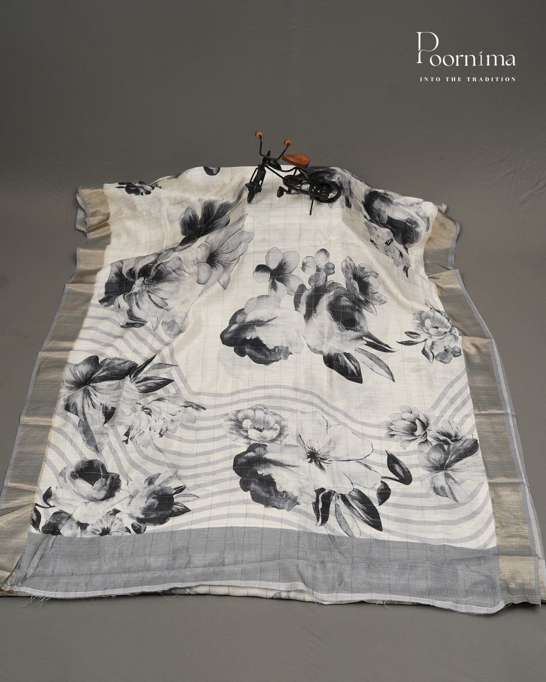 WHITE &amp; GREY - SEMI TUSSAR SAREE WITH ALLOVER PRINT, ZARI CHECKS AND ZARI BORDER