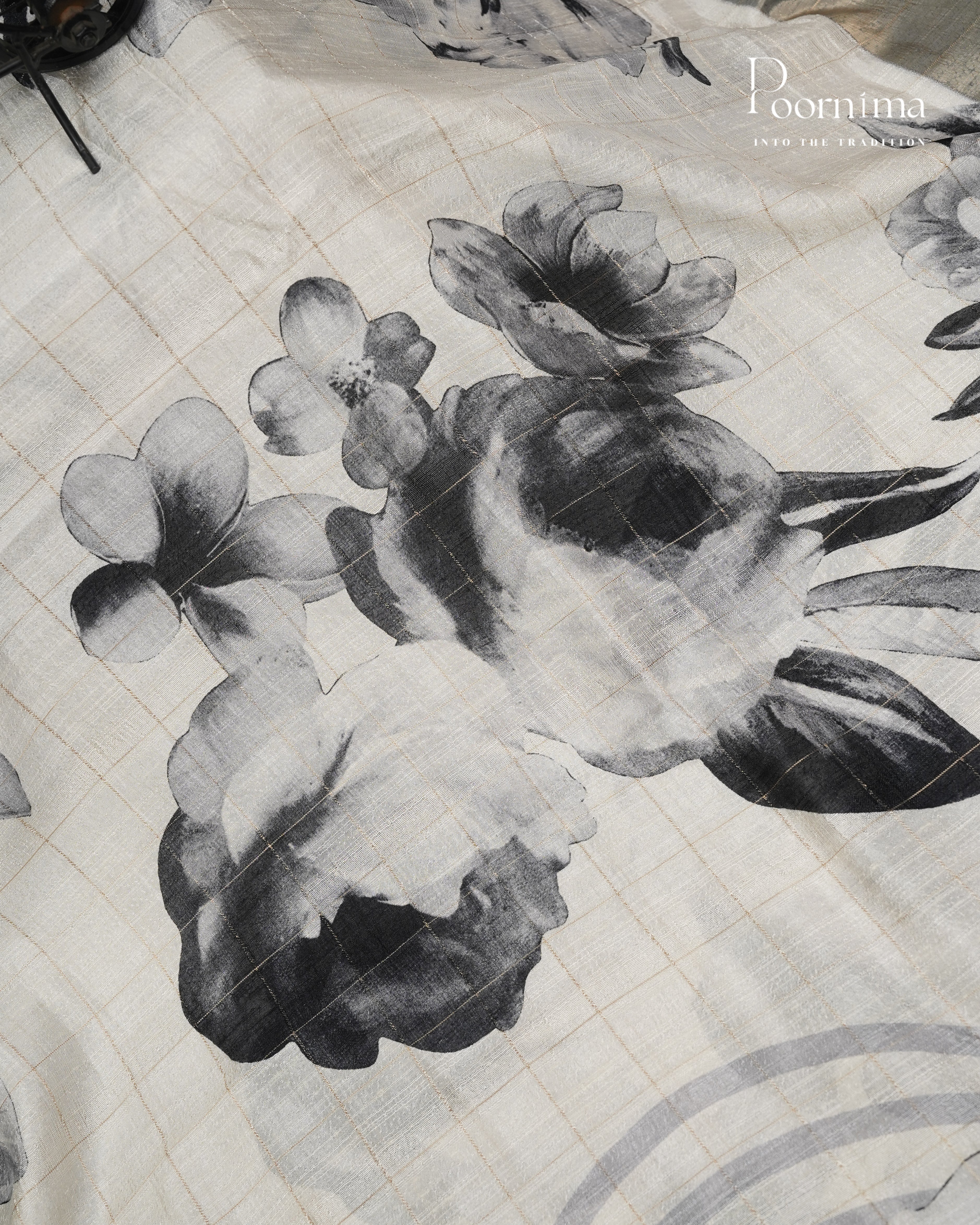 WHITE &amp; GREY - SEMI TUSSAR SAREE WITH ALLOVER PRINT, ZARI CHECKS AND ZARI BORDER