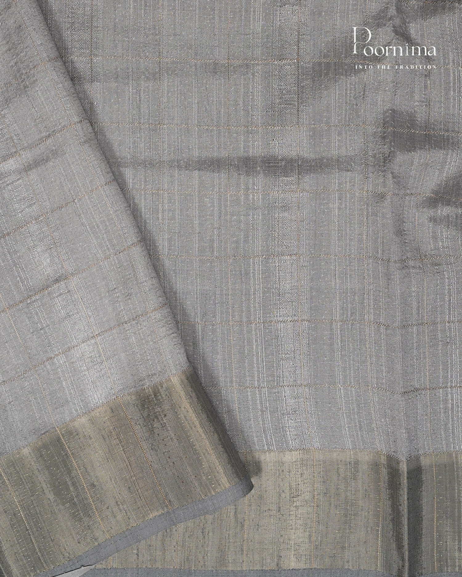 WHITE &amp; GREY - SEMI TUSSAR SAREE WITH ALLOVER PRINT, ZARI CHECKS AND ZARI BORDER