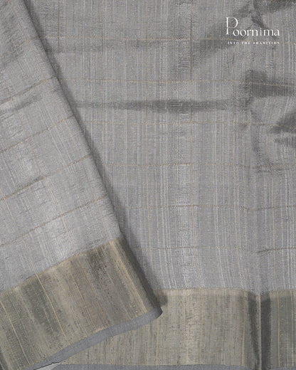 WHITE &amp; GREY - SEMI TUSSAR SAREE WITH ALLOVER PRINT, ZARI CHECKS AND ZARI BORDER