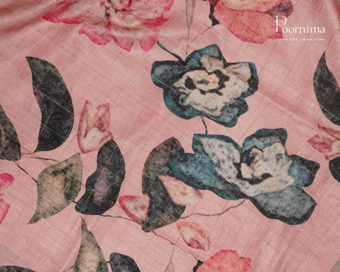 PEACH & ONION PINK - SEMI TUSSAR SAREE WITH ALLOVER PRINT, ZARI CHECKS AND ZARI BORDER