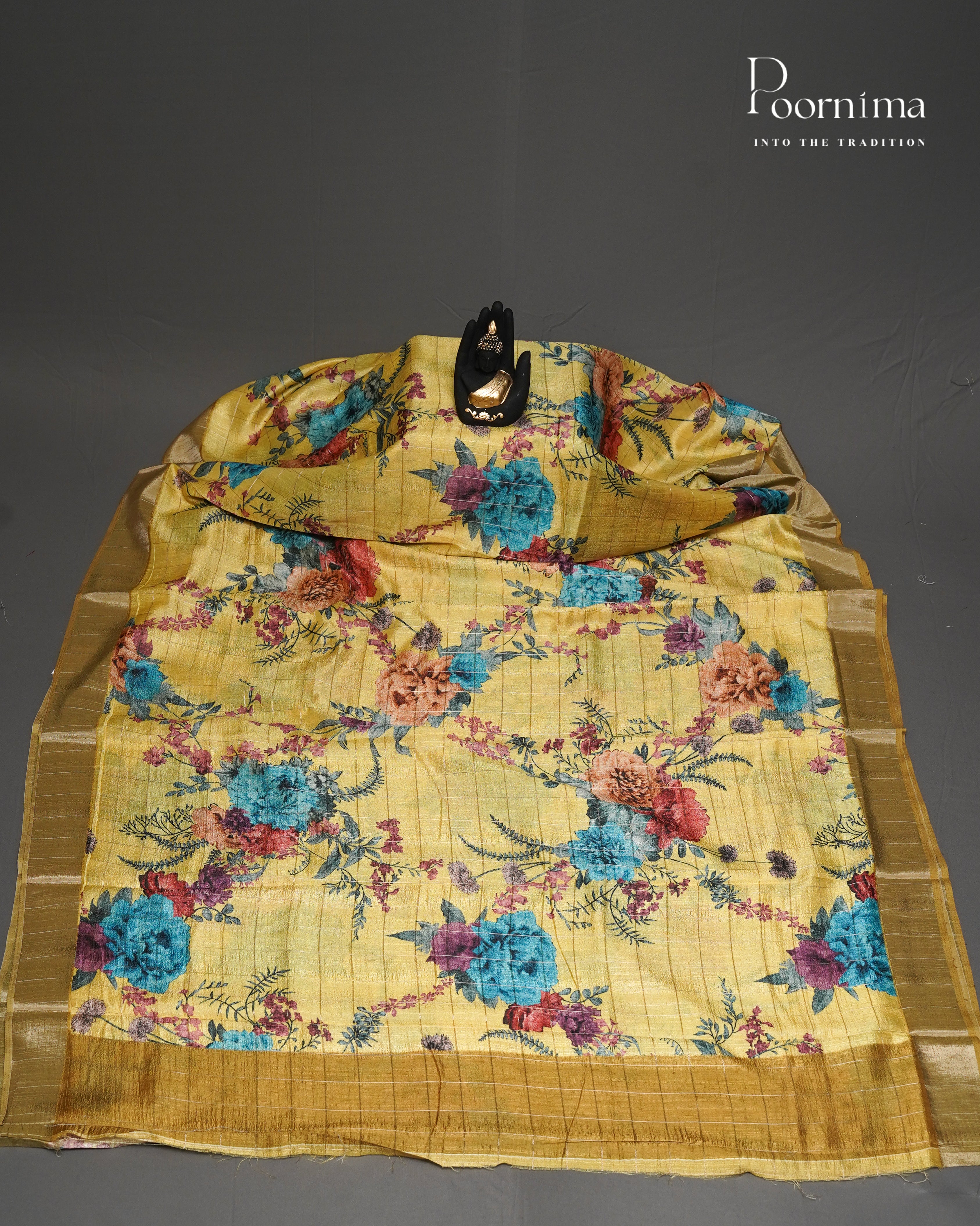 LEMON YELLOW &amp; MUSTARD YELLOW - SEMI TUSSAR SAREE WITH ALLOVER PRINT, ZARI CHECKS AND ZARI BORDER