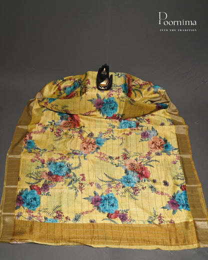 LEMON YELLOW &amp; MUSTARD YELLOW - SEMI TUSSAR SAREE WITH ALLOVER PRINT, ZARI CHECKS AND ZARI BORDER