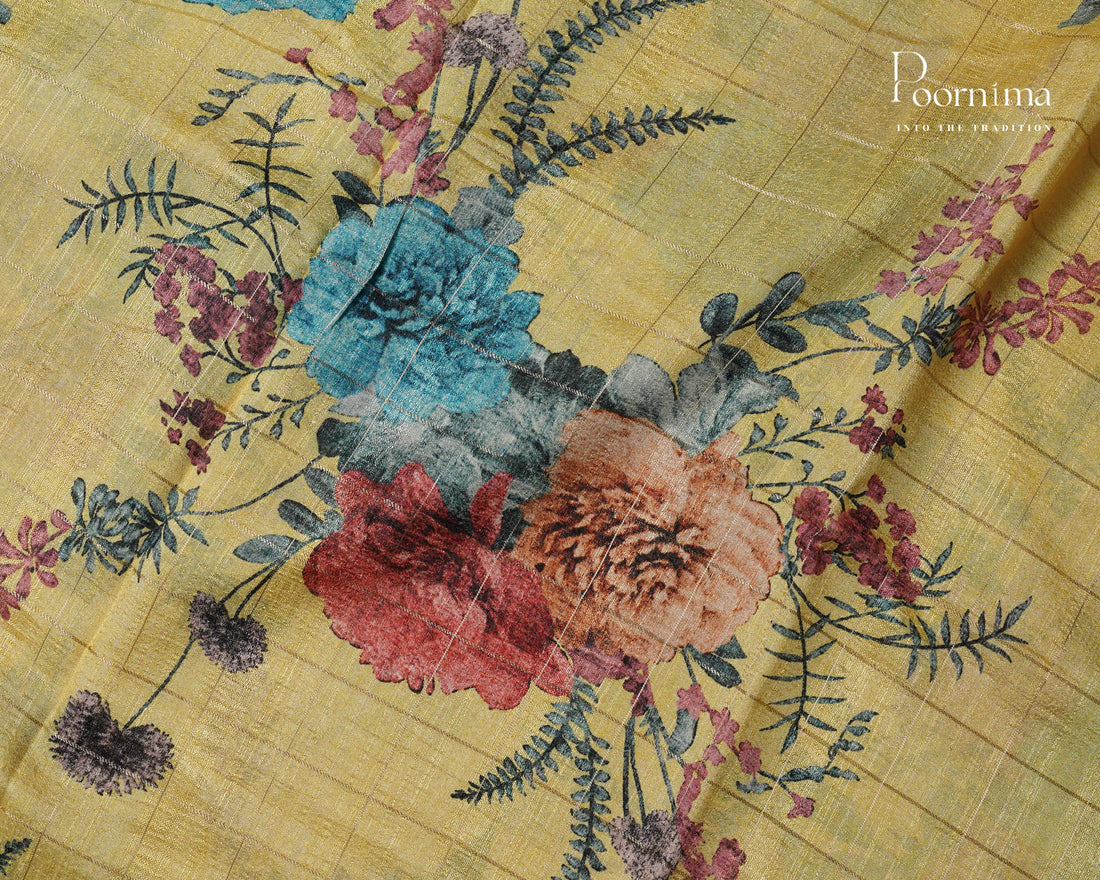 LEMON YELLOW & MUSTARD YELLOW - SEMI TUSSAR SAREE WITH ALLOVER PRINT, ZARI CHECKS AND ZARI BORDER