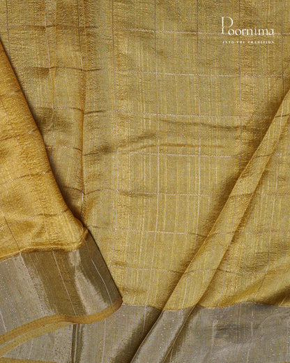LEMON YELLOW &amp; MUSTARD YELLOW - SEMI TUSSAR SAREE WITH ALLOVER PRINT, ZARI CHECKS AND ZARI BORDER