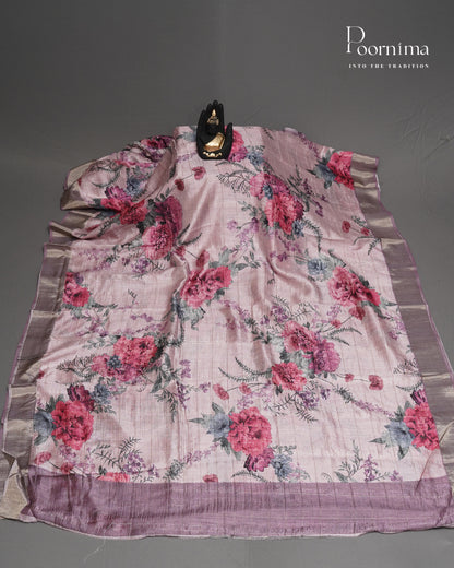 BABY PINK &amp; ONION PINK - SEMI TUSSAR SAREE WITH ALLOVER PRINT, ZARI CHECKS AND ZARI BORDER