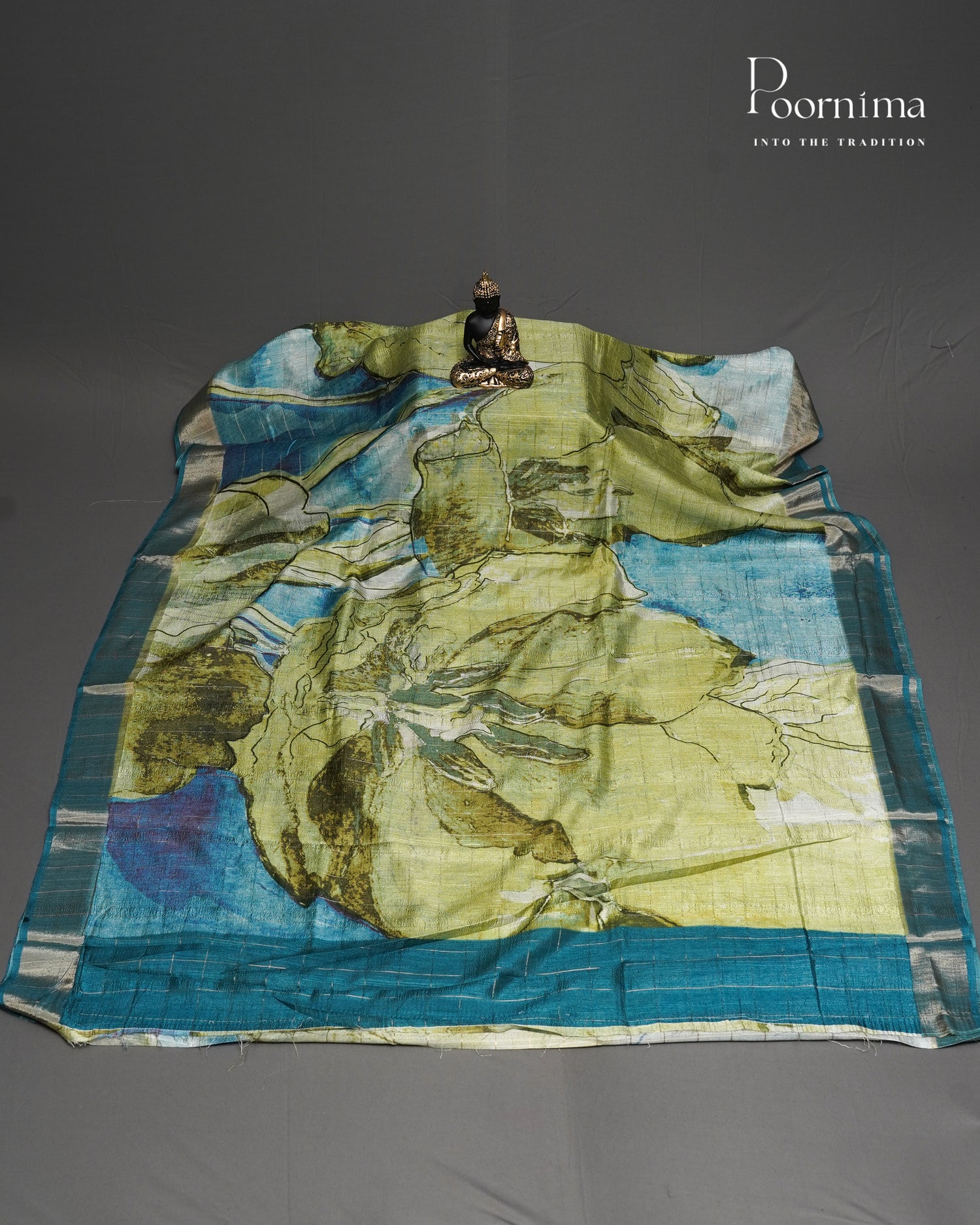 PISTA GREEN &amp; BLUE - SEMI TUSSAR SAREE WITH ALLOVER PRINT, ZARI CHECKS AND ZARI BORDER
