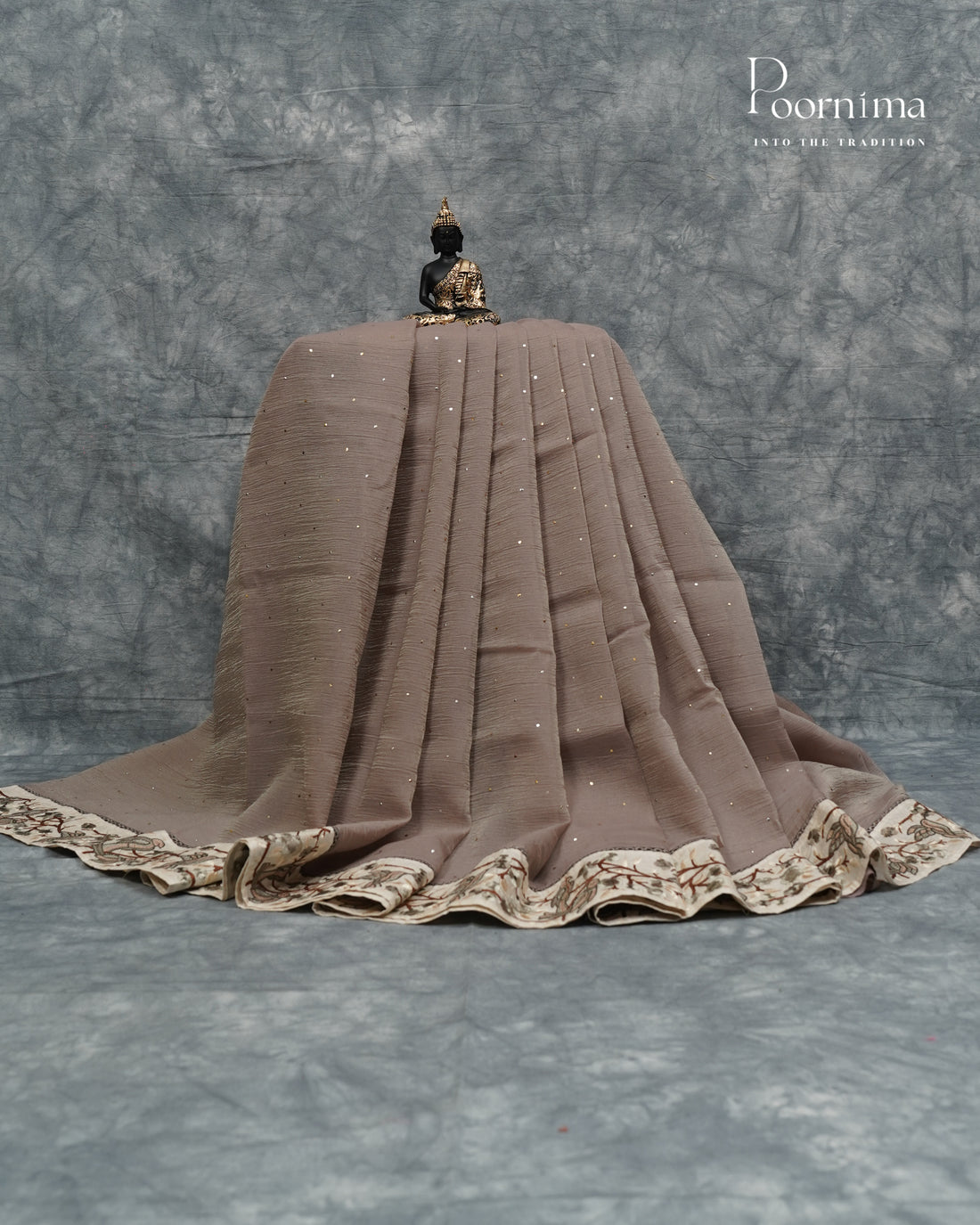 Dark Cream  - CRUSHED ORGANZA SAREE WITH TUSSAR EMBROIDERY BORDER