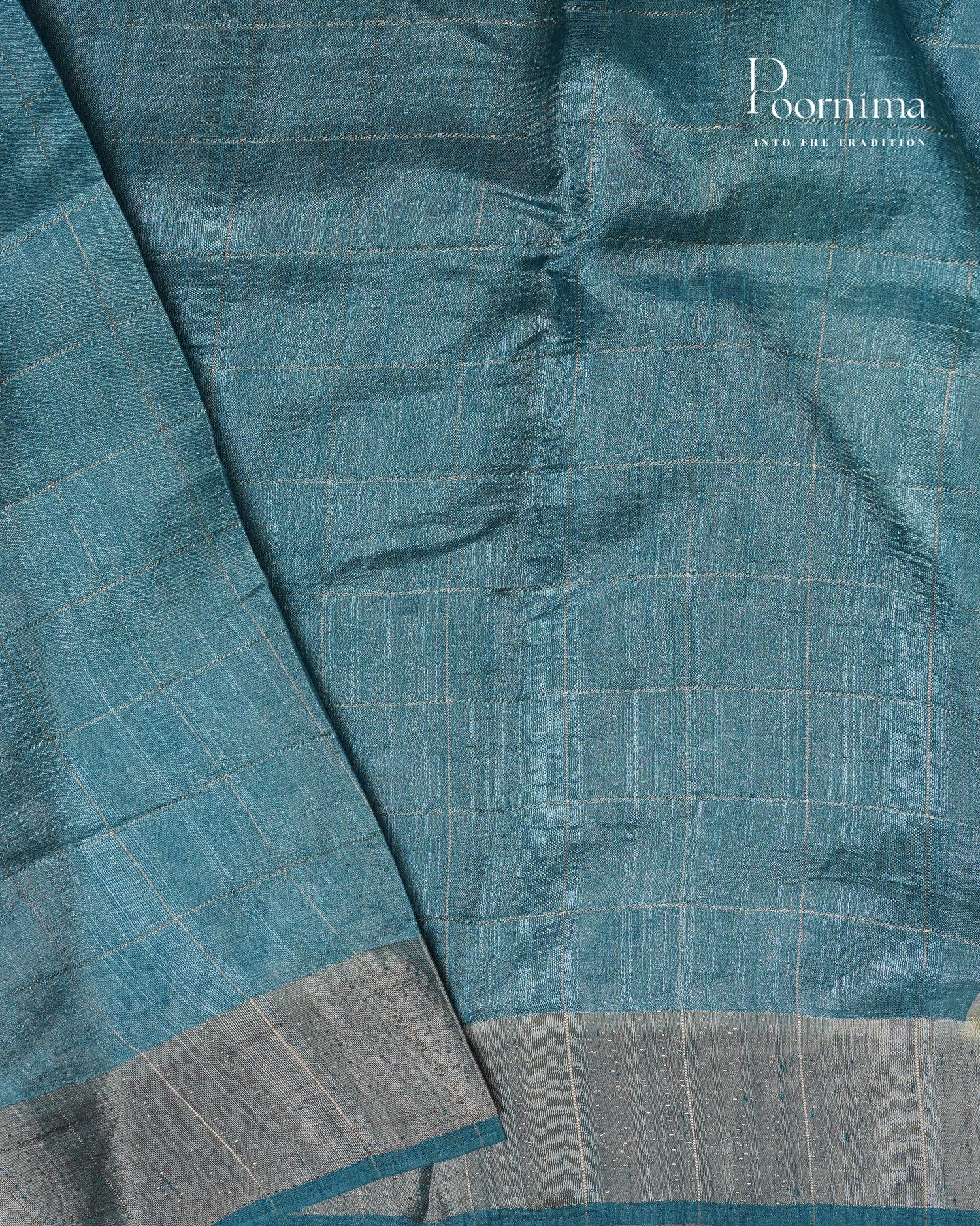 PISTA GREEN &amp; BLUE - SEMI TUSSAR SAREE WITH ALLOVER PRINT, ZARI CHECKS AND ZARI BORDER