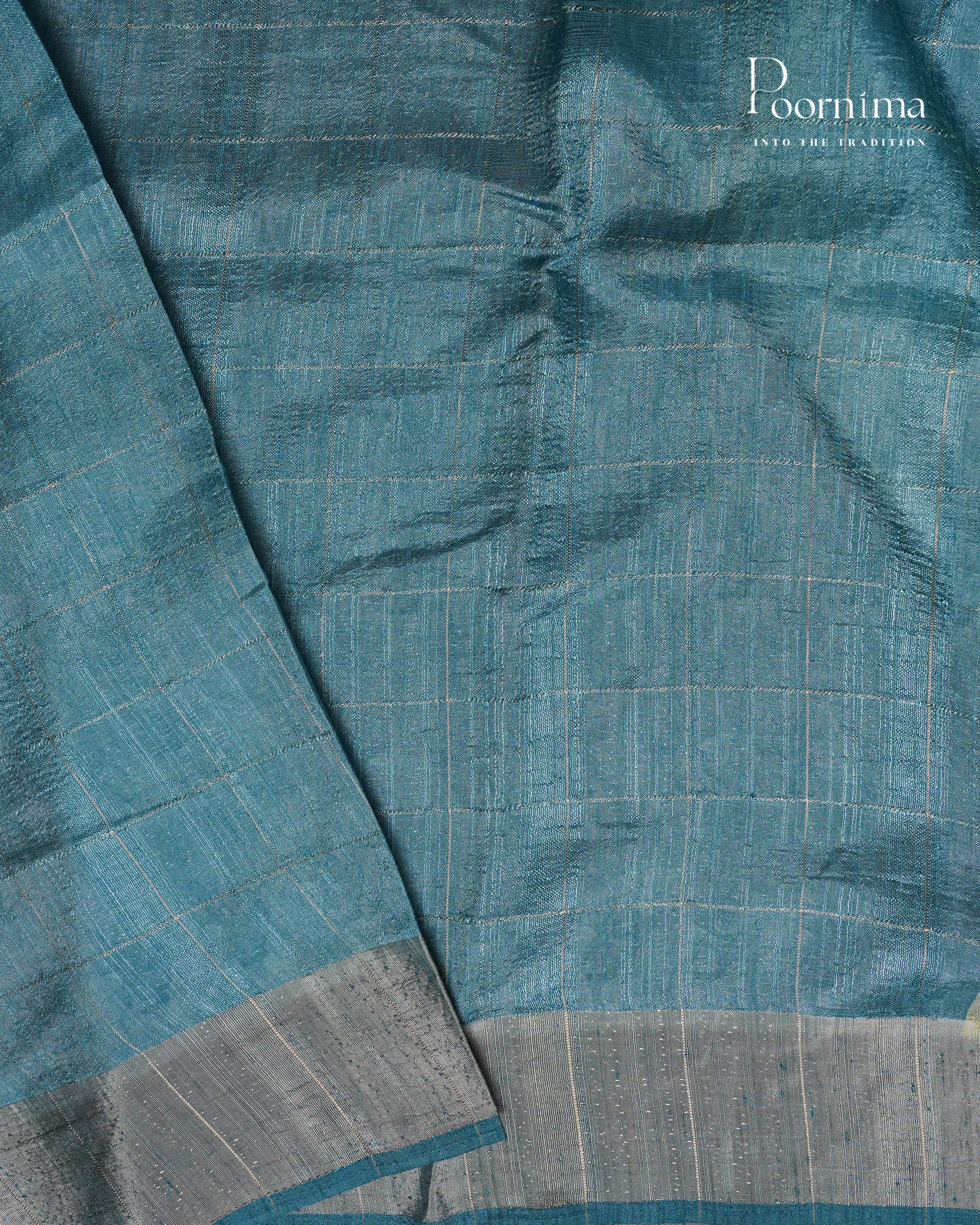 PISTA GREEN &amp; BLUE - SEMI TUSSAR SAREE WITH ALLOVER PRINT, ZARI CHECKS AND ZARI BORDER