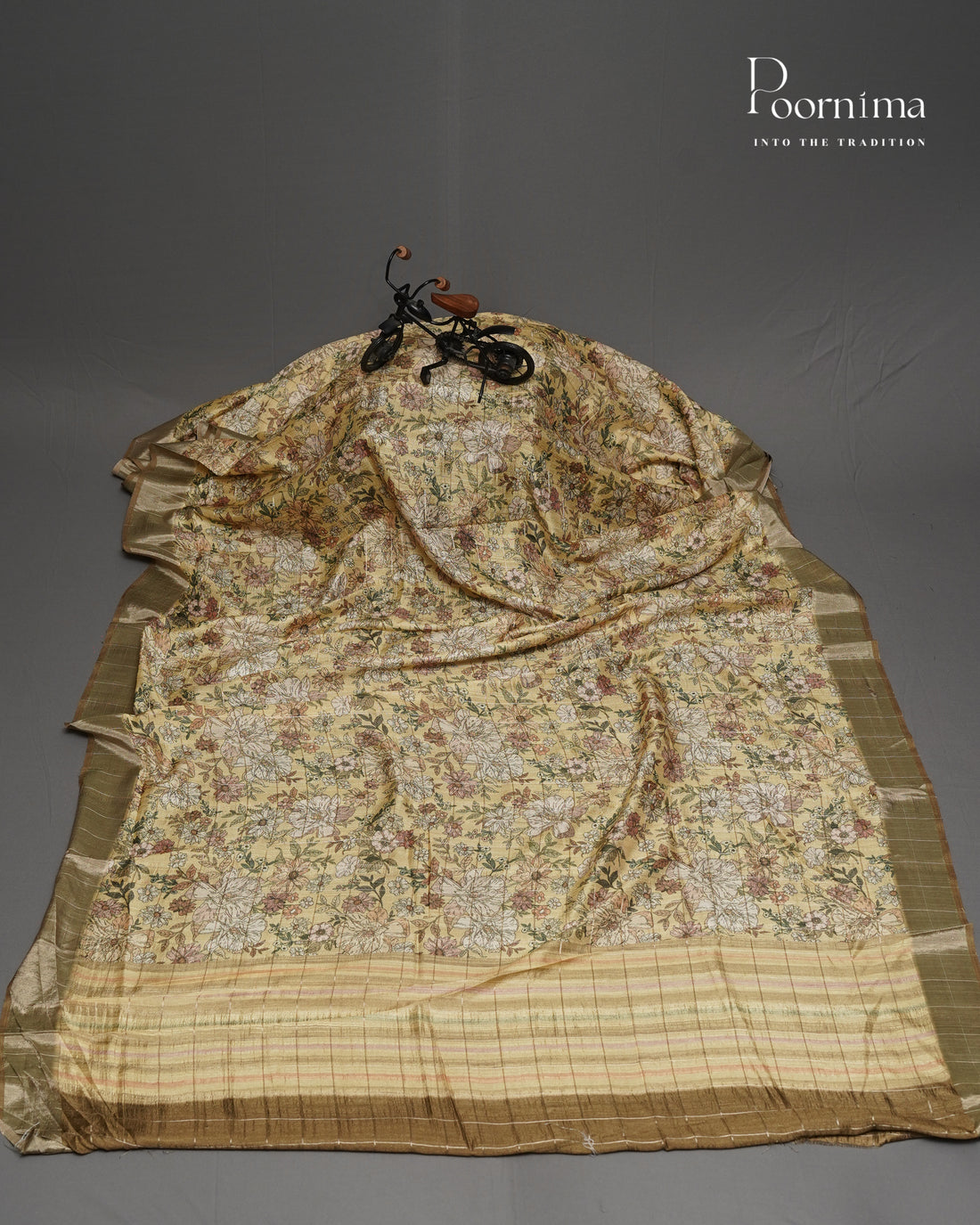 MUSTARD YELLOW  - SEMI TUSSAR SAREE WITH ALLOVER SMALL DIGITAL PRINT, ZARI CHECKS AND ZARI BORDER