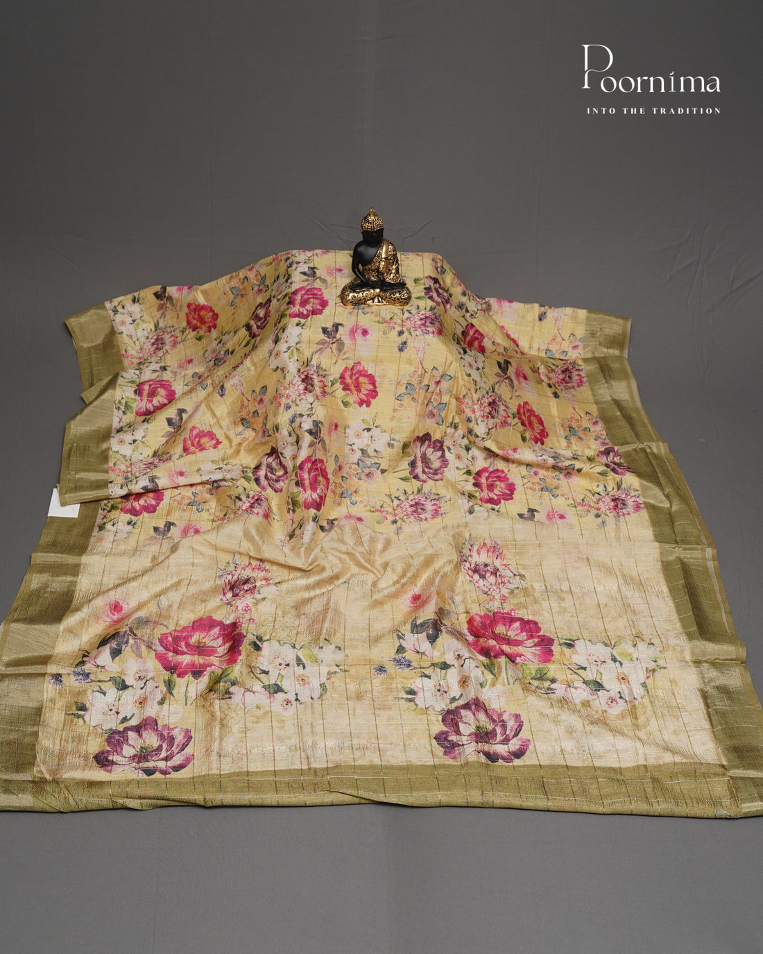 LEMON YELLOW &amp; MEHANDHI GREEN - SEMI TUSSAR SAREE WITH ALLOVER PRINT, ZARI CHECKS AND ZARI BORDER