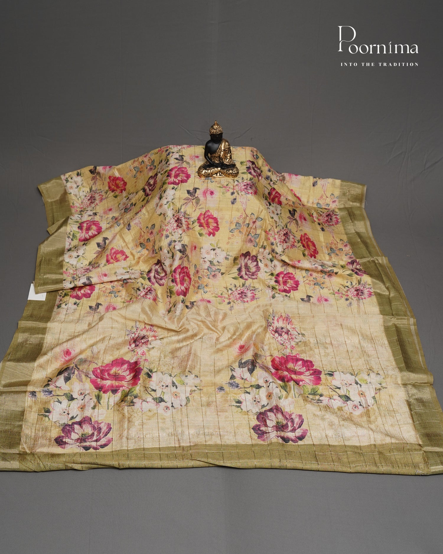 LEMON YELLOW &amp; MEHANDHI GREEN - SEMI TUSSAR SAREE WITH ALLOVER PRINT, ZARI CHECKS AND ZARI BORDER