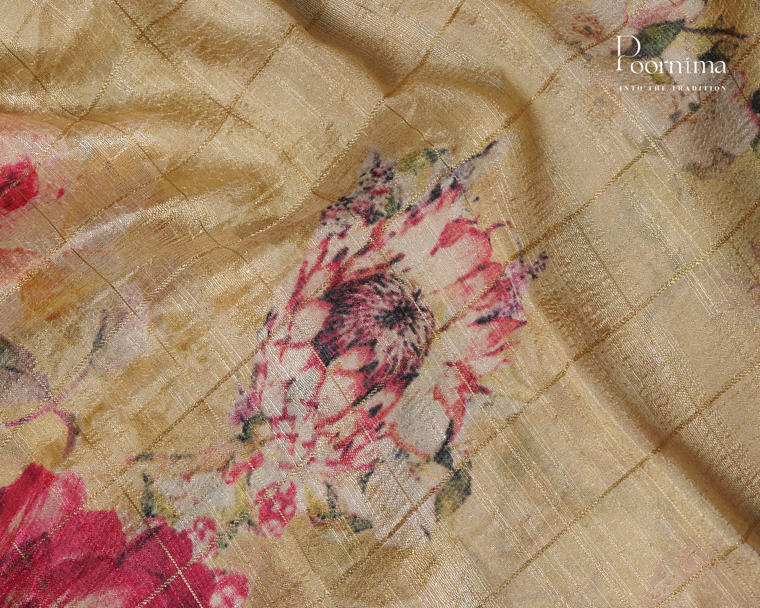 LEMON YELLOW &amp; MEHANDHI GREEN - SEMI TUSSAR SAREE WITH ALLOVER PRINT, ZARI CHECKS AND ZARI BORDER