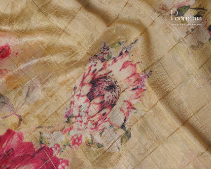 LEMON YELLOW &amp; MEHANDHI GREEN - SEMI TUSSAR SAREE WITH ALLOVER PRINT, ZARI CHECKS AND ZARI BORDER