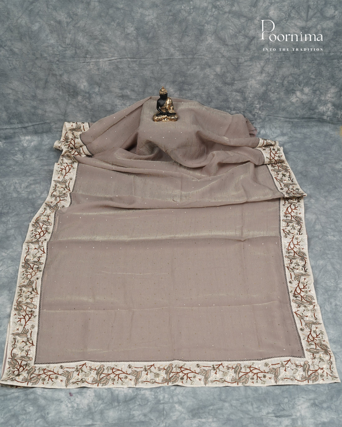 Dark Cream  - CRUSHED ORGANZA SAREE WITH TUSSAR EMBROIDERY BORDER