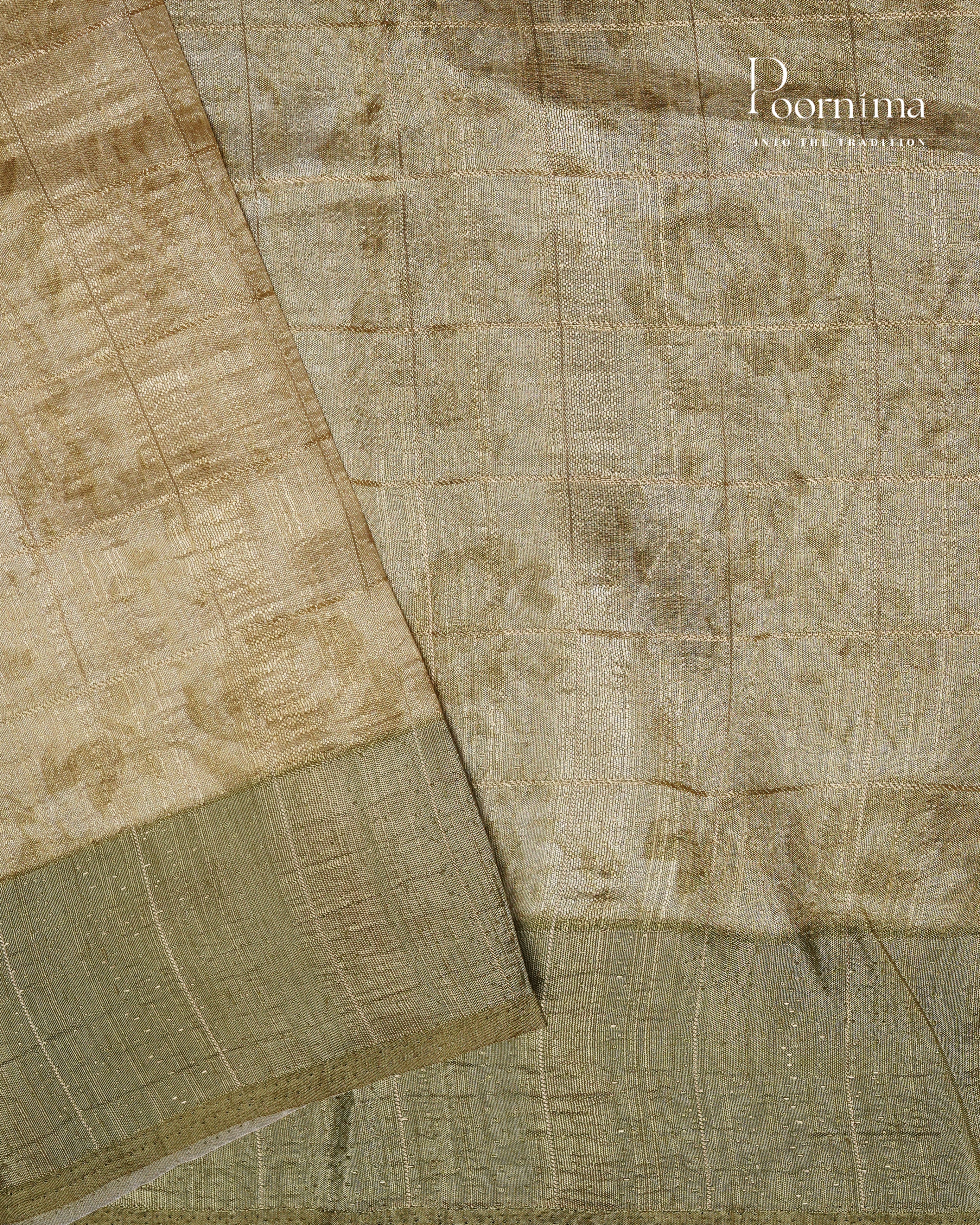 LEMON YELLOW &amp; MEHANDHI GREEN - SEMI TUSSAR SAREE WITH ALLOVER PRINT, ZARI CHECKS AND ZARI BORDER
