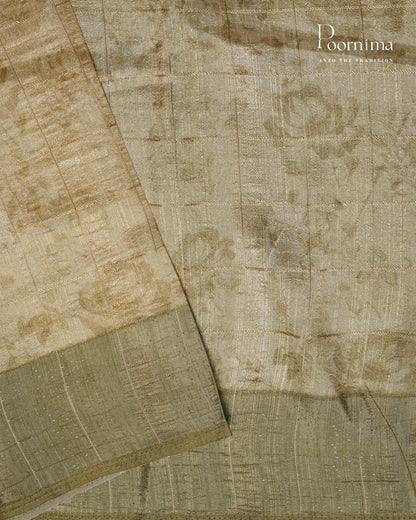 LEMON YELLOW &amp; MEHANDHI GREEN - SEMI TUSSAR SAREE WITH ALLOVER PRINT, ZARI CHECKS AND ZARI BORDER