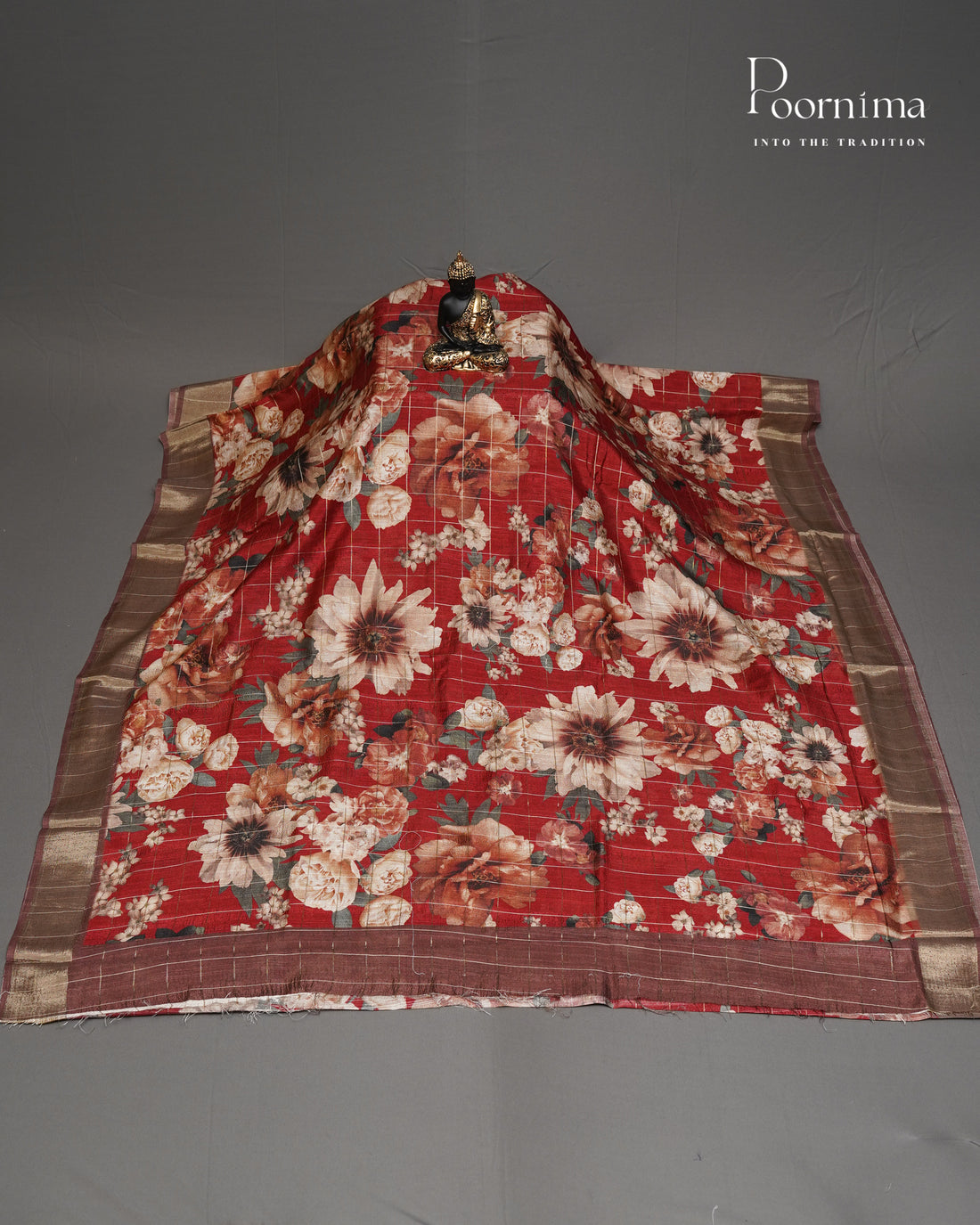 RED &amp; MAROON - SEMI TUSSAR SAREE WITH ALLOVER PRINT, ZARI CHECKS AND ZARI BORDER