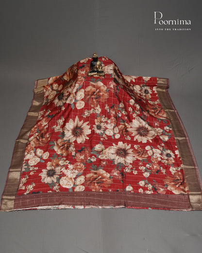 RED &amp; MAROON - SEMI TUSSAR SAREE WITH ALLOVER PRINT, ZARI CHECKS AND ZARI BORDER