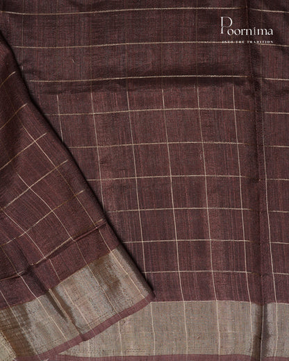 RED &amp; MAROON - SEMI TUSSAR SAREE WITH ALLOVER PRINT, ZARI CHECKS AND ZARI BORDER