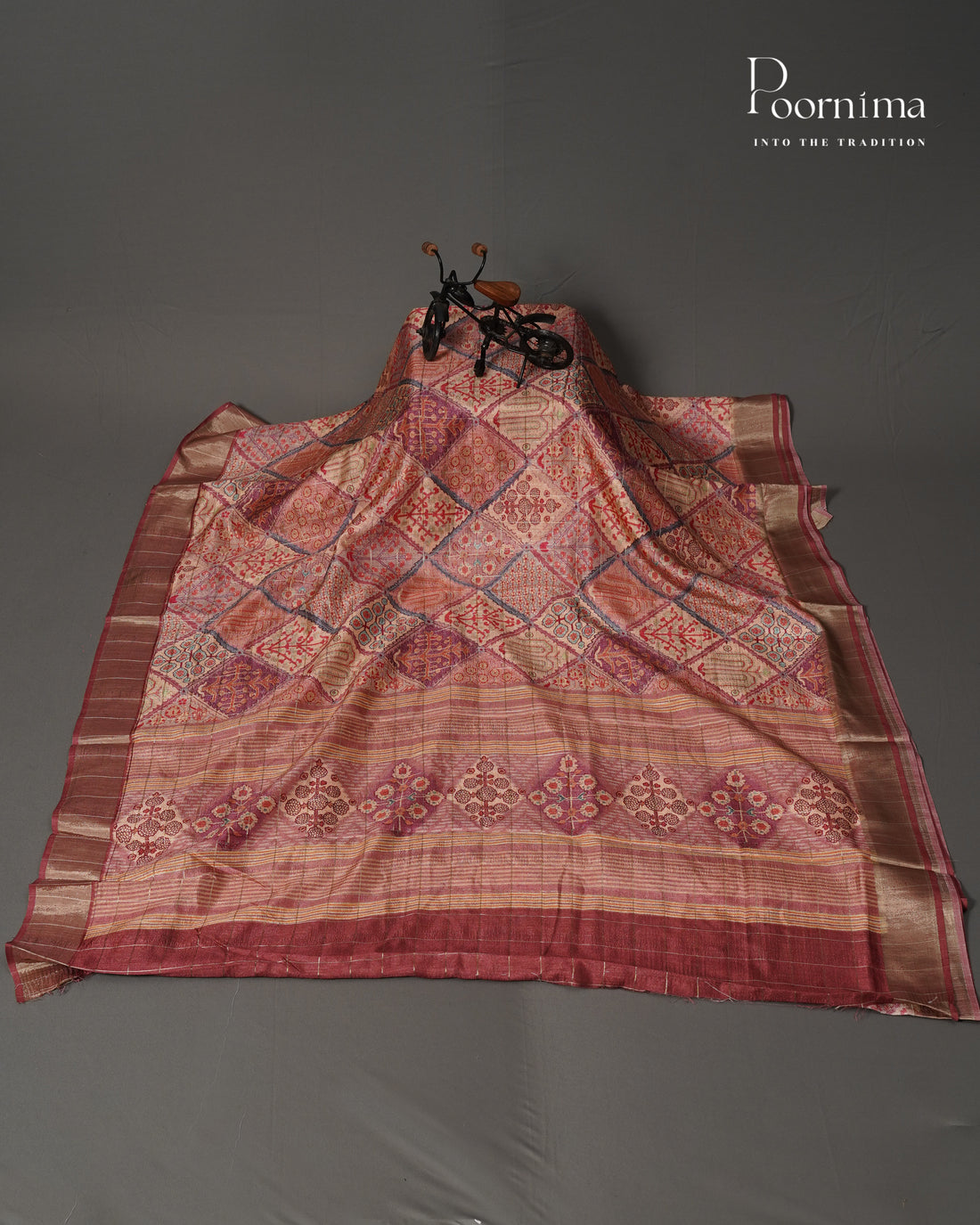 PEACH - SEMI TUSSAR SAREE WITH ALLOVER PRINT, ZARI CHECKS AND ZARI BORDER