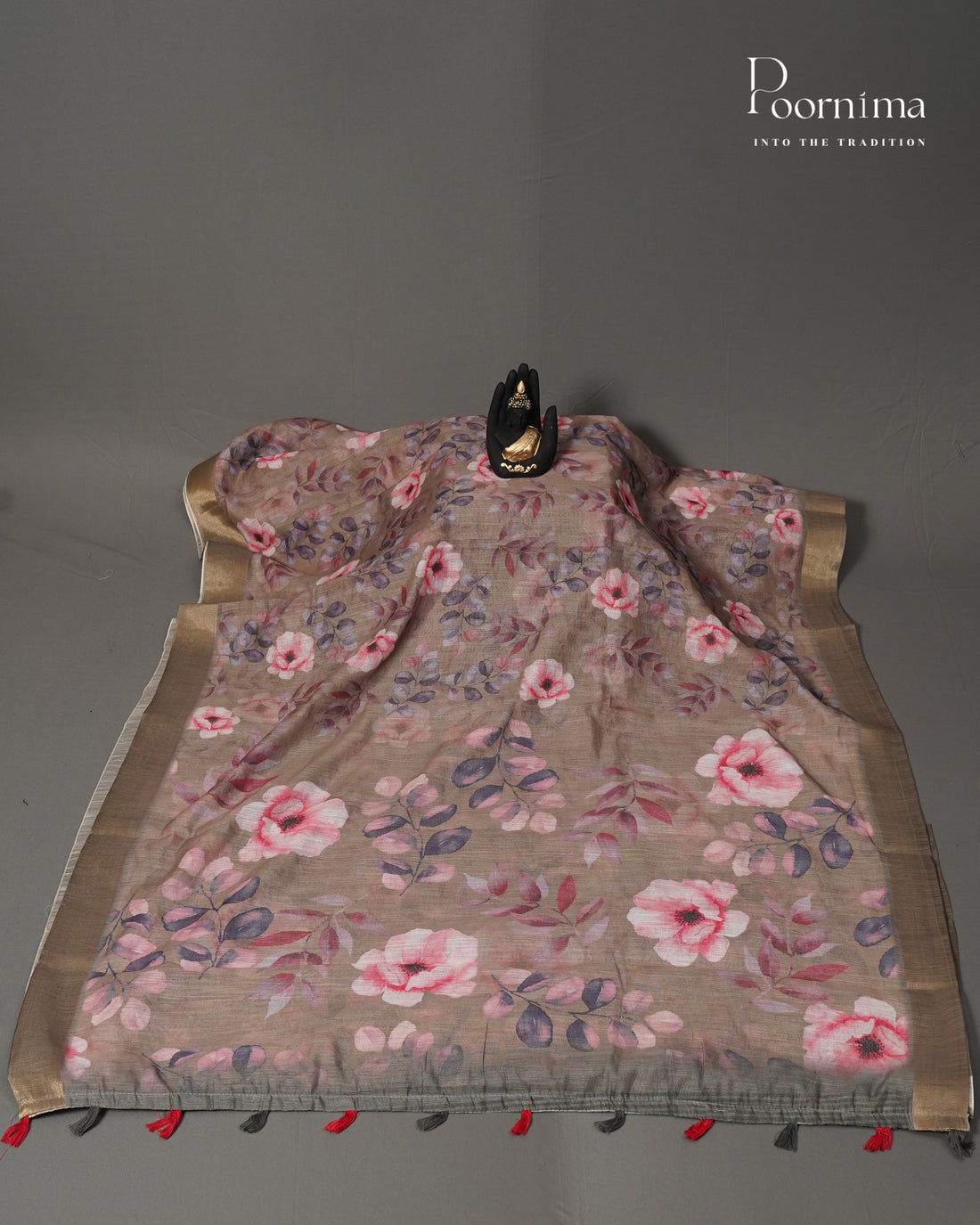 LIGHT BROWN - LINEN SAREE WITH ALLOVER DIGITAL PRINT AND ZARI BORDER