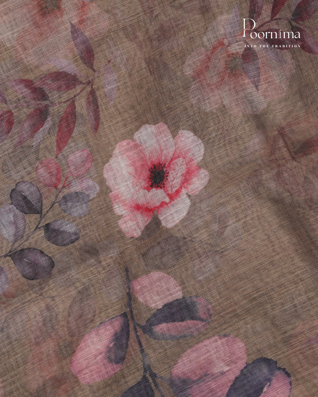 LIGHT BROWN - LINEN SAREE WITH ALLOVER DIGITAL PRINT AND ZARI BORDER