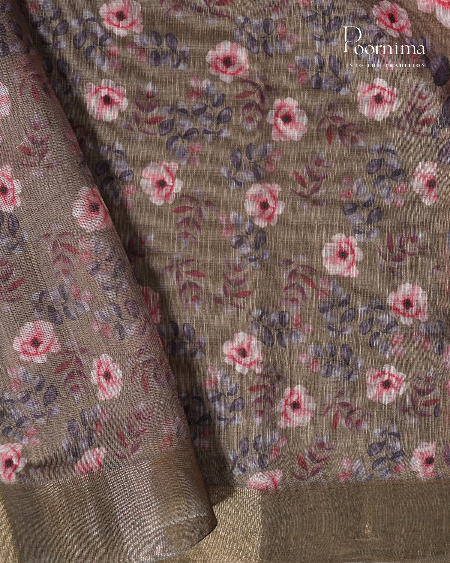 LIGHT BROWN - LINEN SAREE WITH ALLOVER DIGITAL PRINT AND ZARI BORDER