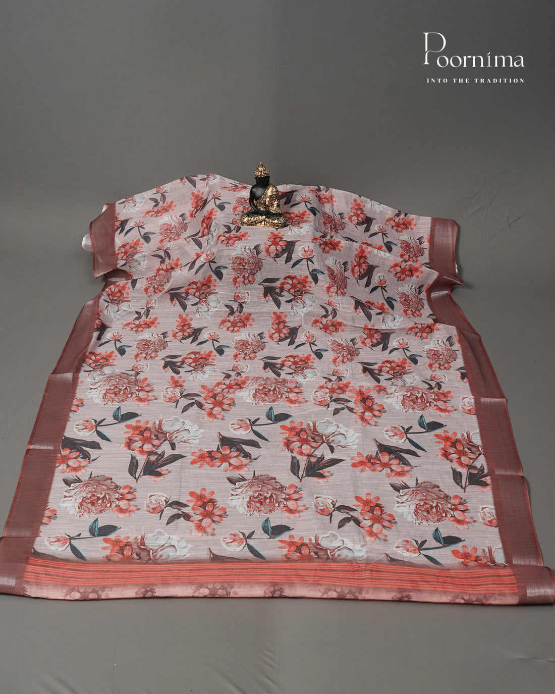WHITE &amp; BROWN - LINEN SAREE WITH ALLOVER DIGITAL PRINT AND ZARI BORDER