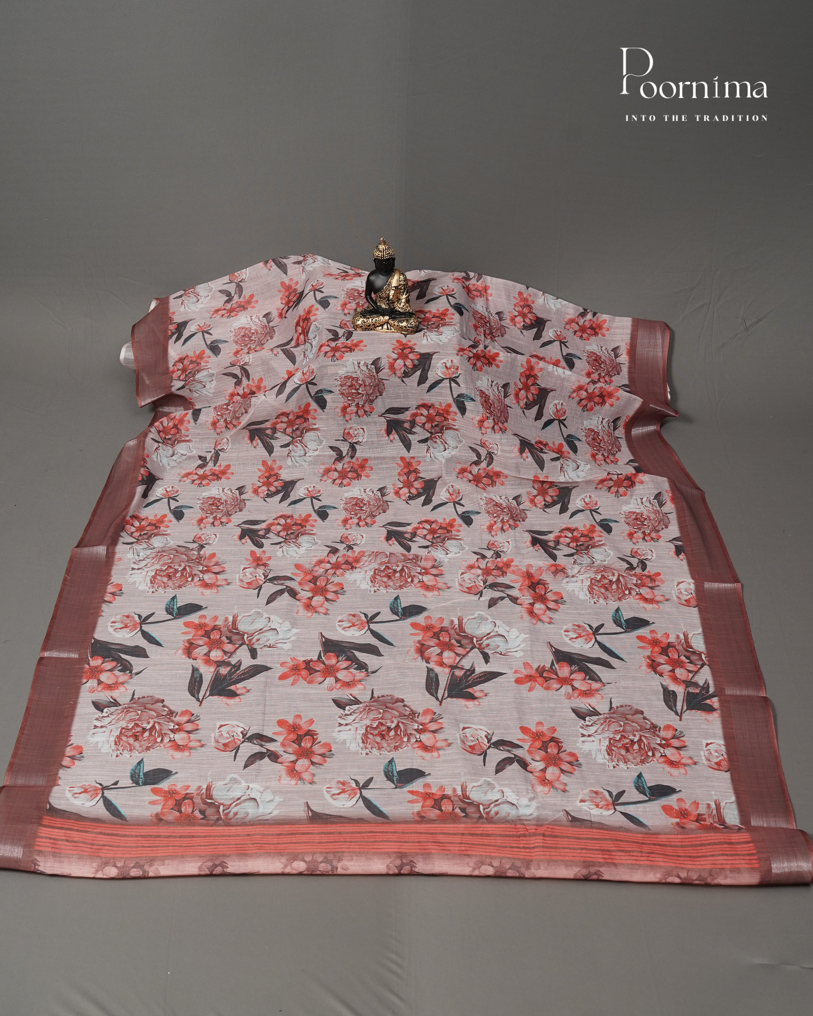 WHITE &amp; BROWN - LINEN SAREE WITH ALLOVER DIGITAL PRINT AND ZARI BORDER