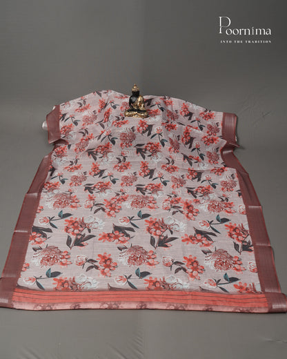 WHITE &amp; BROWN - LINEN SAREE WITH ALLOVER DIGITAL PRINT AND ZARI BORDER
