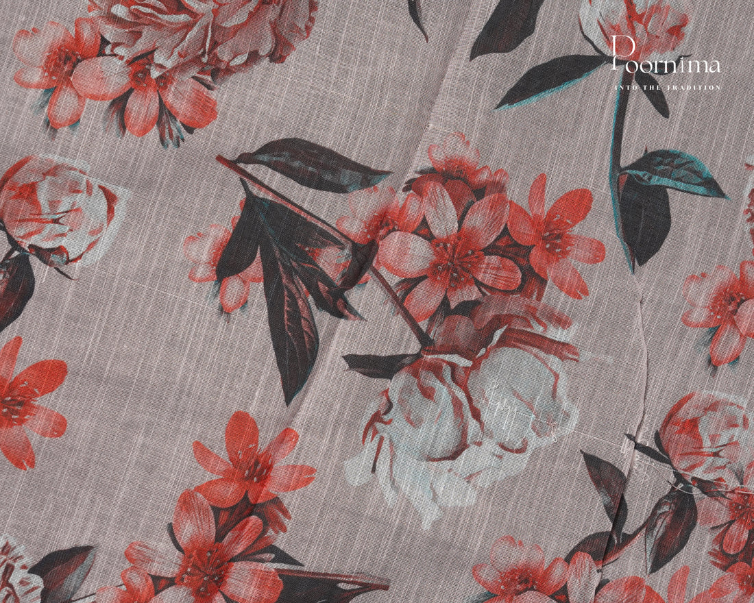 WHITE &amp; BROWN - LINEN SAREE WITH ALLOVER DIGITAL PRINT AND ZARI BORDER