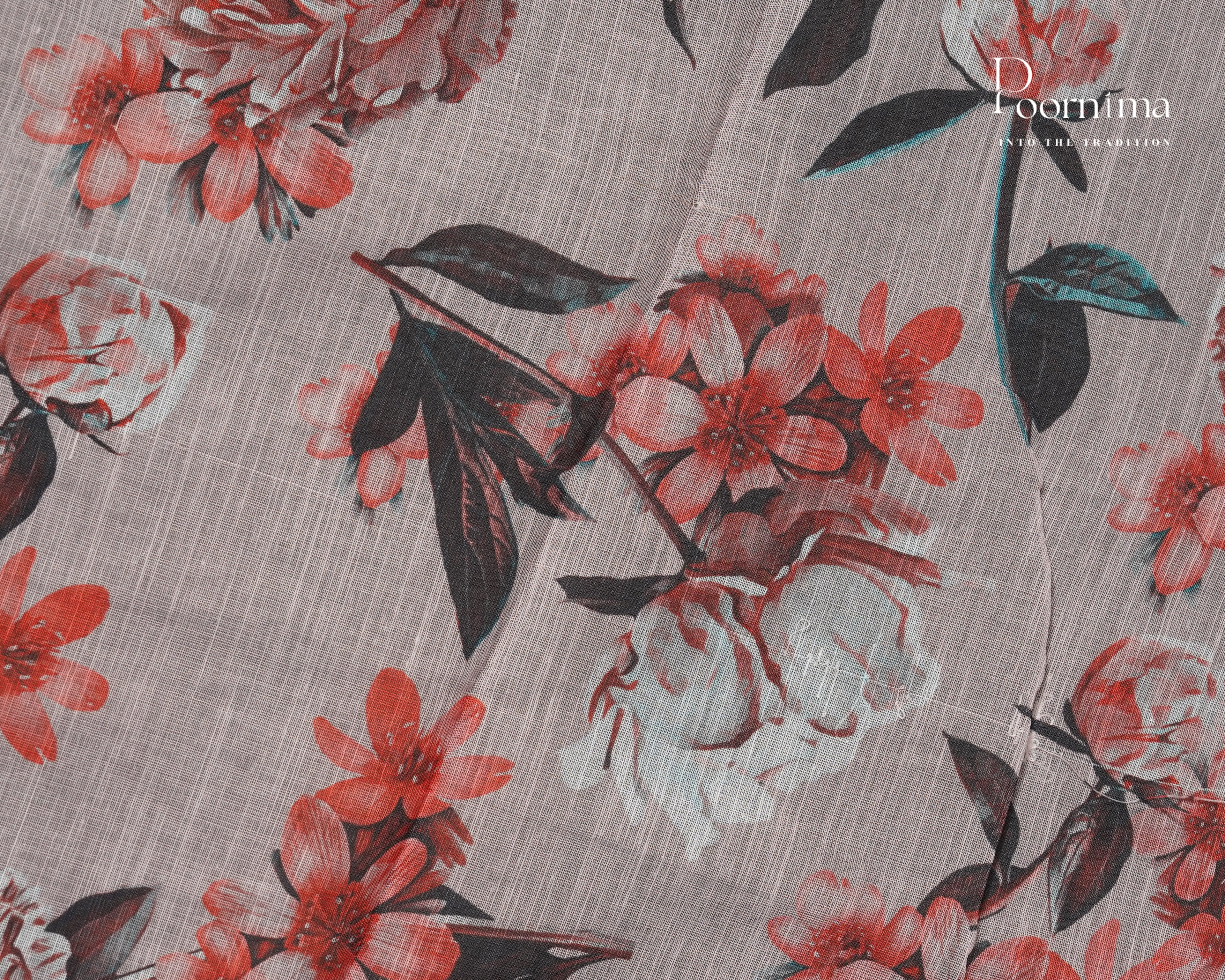WHITE &amp; BROWN - LINEN SAREE WITH ALLOVER DIGITAL PRINT AND ZARI BORDER