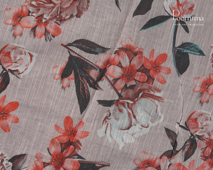WHITE &amp; BROWN - LINEN SAREE WITH ALLOVER DIGITAL PRINT AND ZARI BORDER