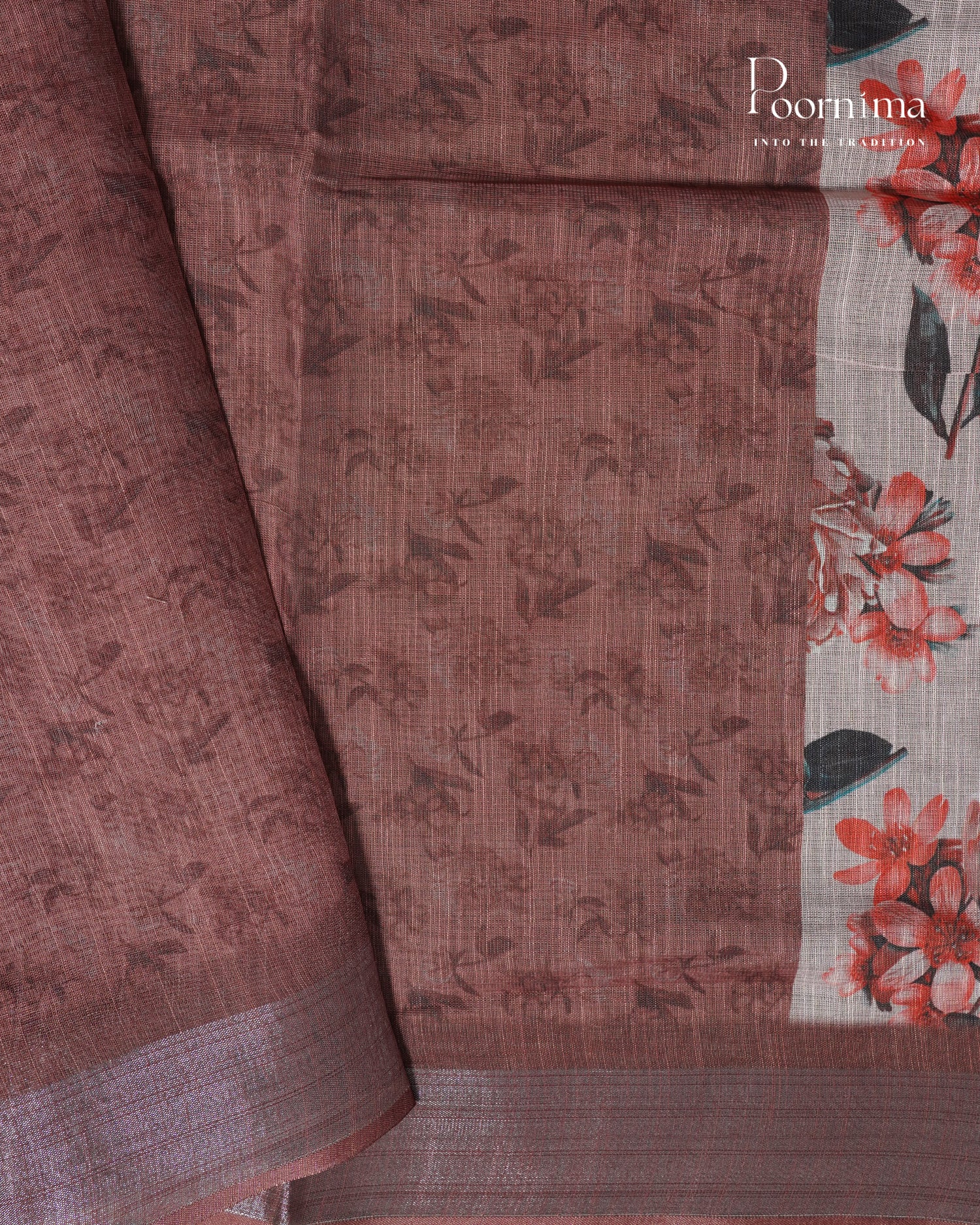 WHITE &amp; BROWN - LINEN SAREE WITH ALLOVER DIGITAL PRINT AND ZARI BORDER