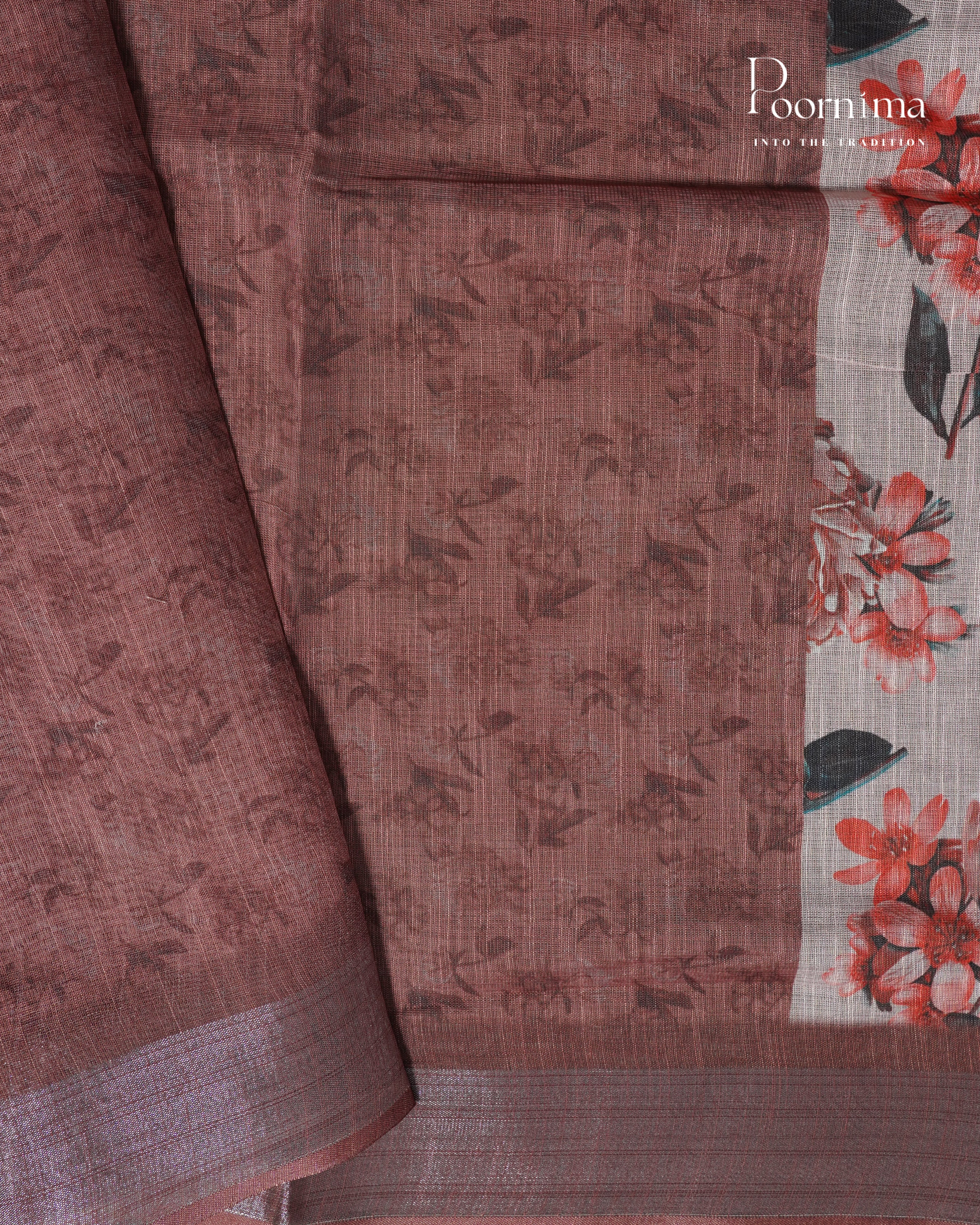 WHITE &amp; BROWN - LINEN SAREE WITH ALLOVER DIGITAL PRINT AND ZARI BORDER