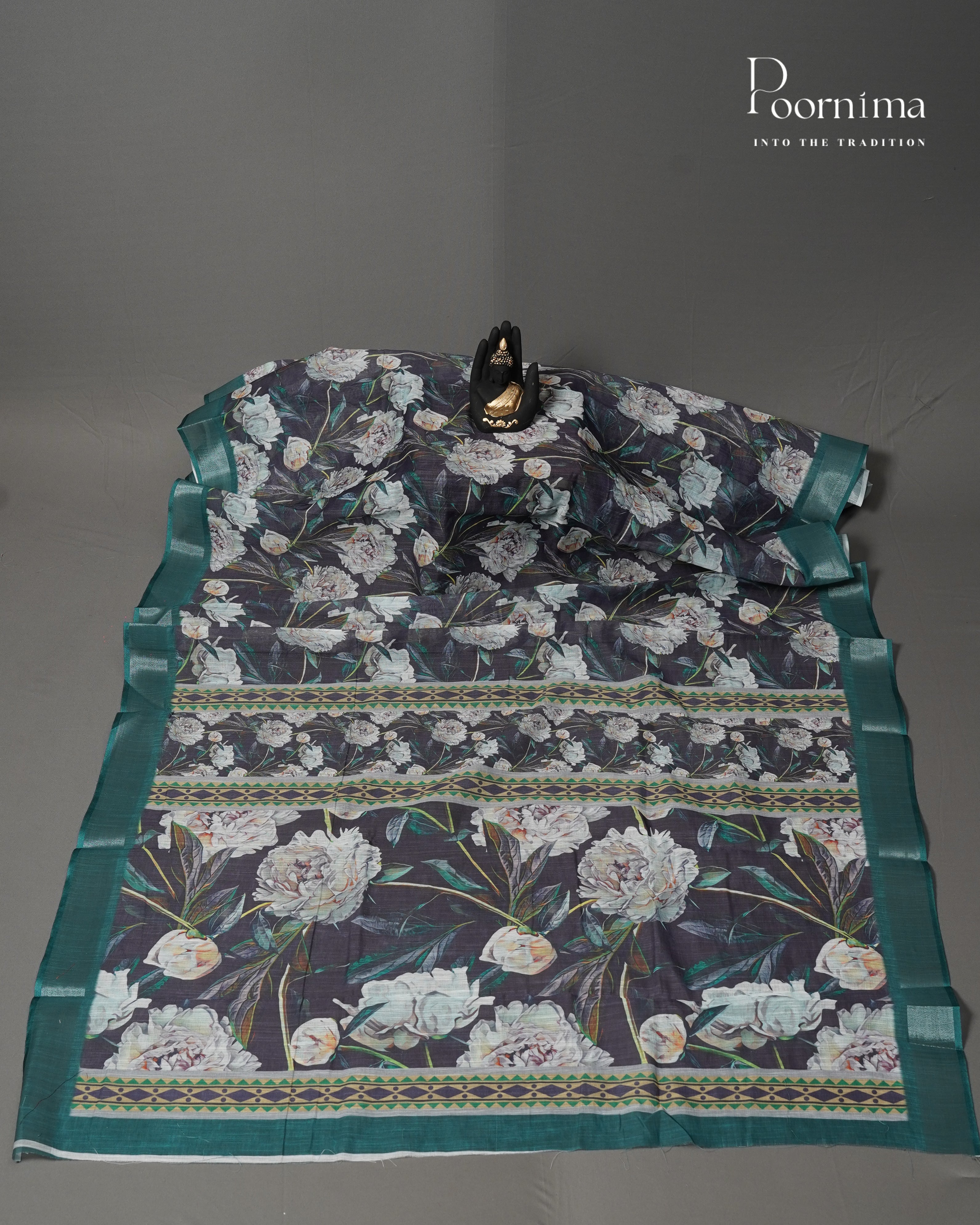 BLACK &amp; SEA GREEN - LINEN SAREE WITH ALLOVER DIGITAL PRINT AND ZARI BORDER