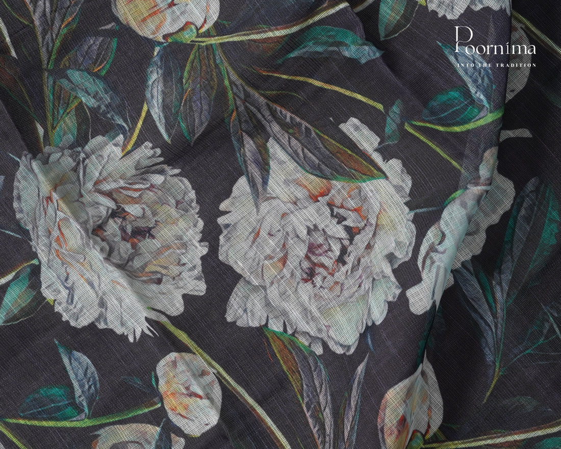 BLACK & SEA GREEN - LINEN SAREE WITH ALLOVER DIGITAL PRINT AND ZARI BORDER