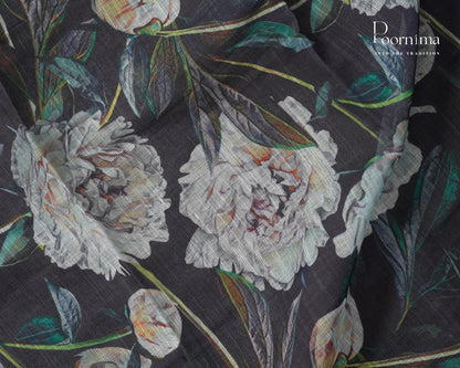 BLACK &amp; SEA GREEN - LINEN SAREE WITH ALLOVER DIGITAL PRINT AND ZARI BORDER