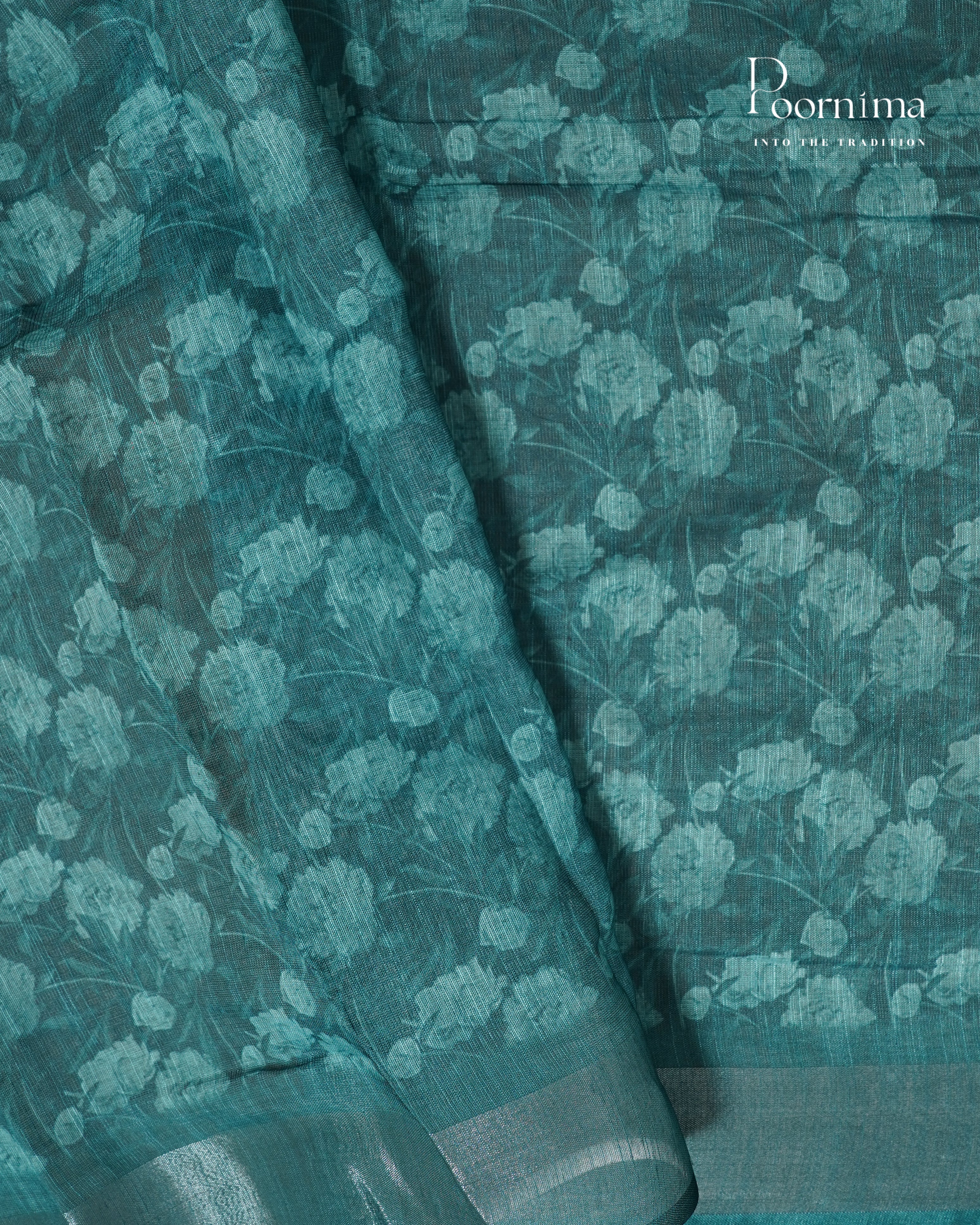BLACK &amp; SEA GREEN - LINEN SAREE WITH ALLOVER DIGITAL PRINT AND ZARI BORDER