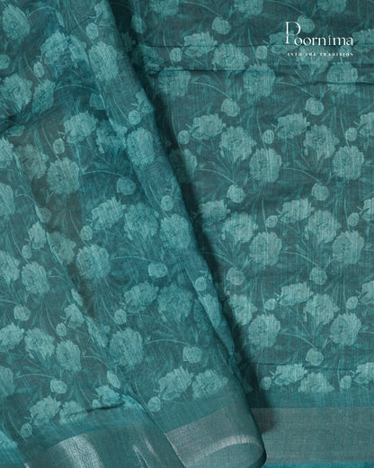 BLACK &amp; SEA GREEN - LINEN SAREE WITH ALLOVER DIGITAL PRINT AND ZARI BORDER